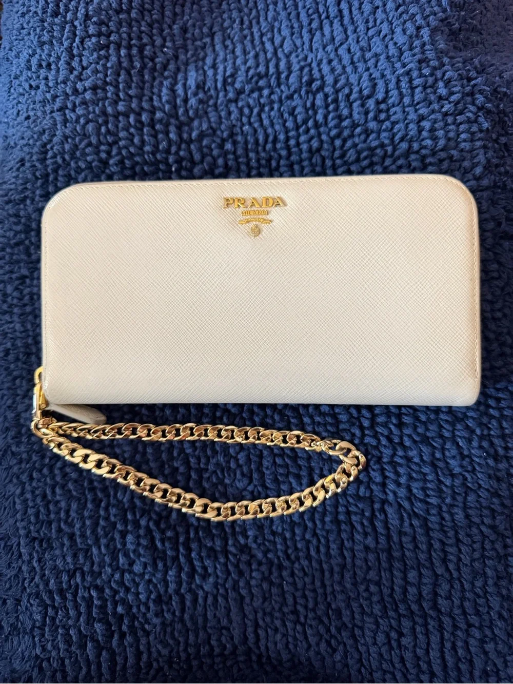 PRADA White Saffiano Leather Long Zippy Wallet w/Unbranded Gold Wristlet Chain
